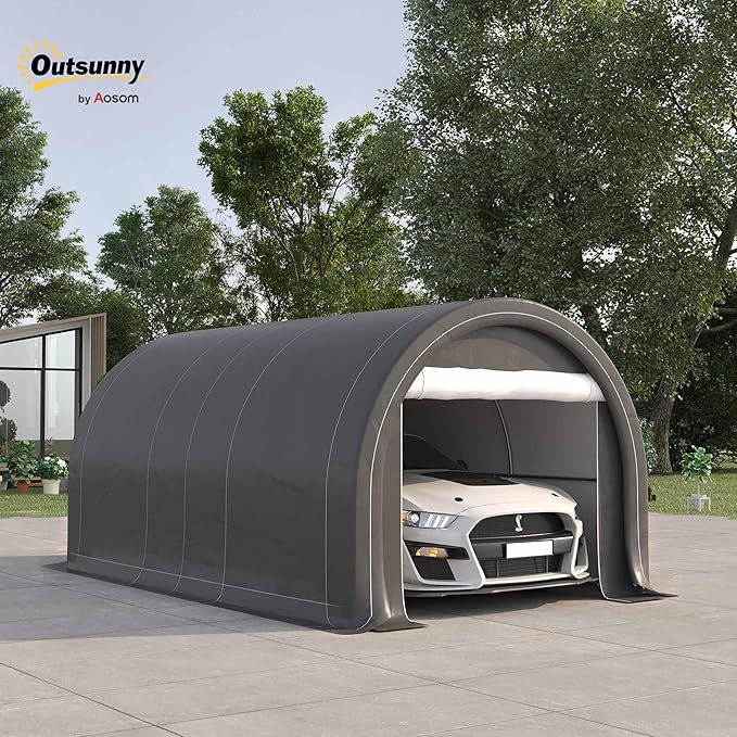 Outsunny 10' x 16' Carport, Heavy Duty Portable Garage Storage Tent with Large Zippered Door, Anti-UV PE Canopy Cover for Car, Truck, Boat, Motorcycle, Bike, Garden Tools, Outdoor Work, Gray