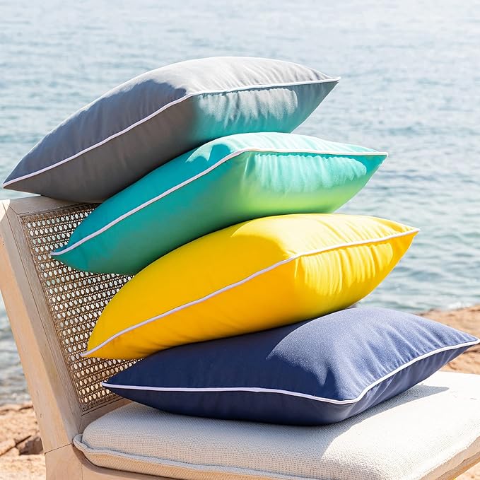 Phantoscope Pack of 2 Outdoor Waterproof Throw Pillow Covers with Contrast Piping, Decorative Square Cushion Case Patio Pillows for Couch Tent Sunbrella, Dark Blue 18x18 inches