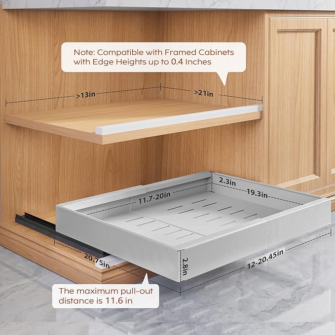 2 Pack Pull Out Cabinet Organizers 21"Deep With Raising Pad for Framed Cabinets,Expandable Slide Out Drawers Upgrade 3 Slide Rails,Roll Out Shelves Adhesive,Adjustable Width 12"-20.45" Silver