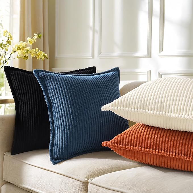 decorUhome Corduroy Black Throw Pillow Covers 24x24 Set of 2 Decorative Soft Boho Striped Neutral Euro Farmhouse Couch Pillow Covers with Broadside for Living Room Bed Sofa