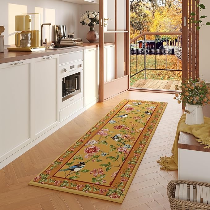 Runner Rug for Kitchen 2'6"x8' Washable Rugs with Rubber Backing Soft Floral Bird Magpies Floral Animal Carpet Runner for Kitchen, Laundry, Bedroom, Bathroom (Yellow)