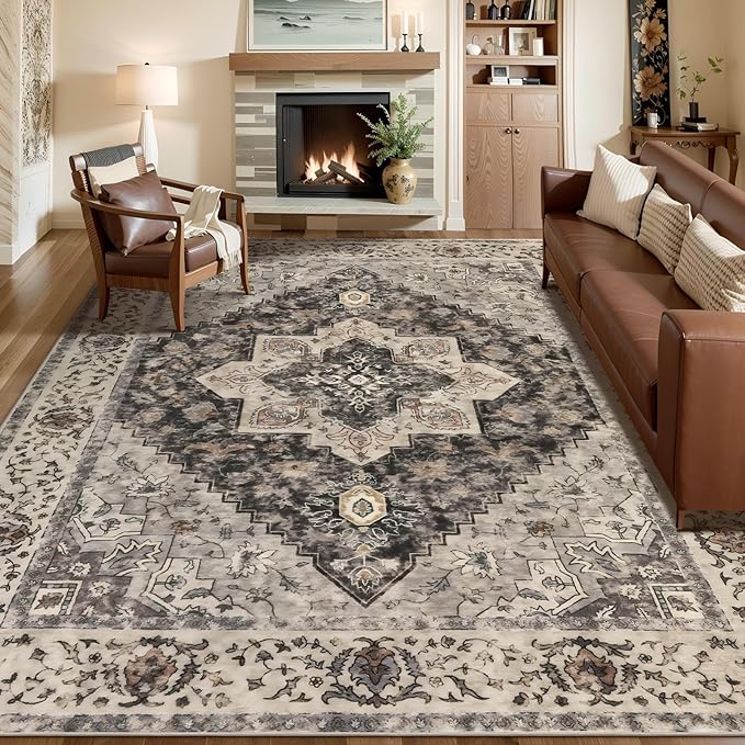 9x12 Vintage Area Rugs for Living Room, Washable Indoor Non Slip Large Area Rugs, Print Distressed Brown Carpet, Soft Low Pile Rug Foldable Floor Rug for Bedroom Dining Room Dorm