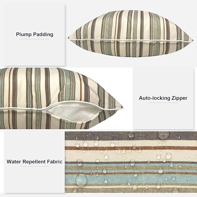 Outdoor Throw Pillow Covers Pack of 2, Decorative Water Repellent Square Pillow Cases 18x18 Inch, Patio Pillowcases for Home Patio Furniture Use, Stripe Onyx