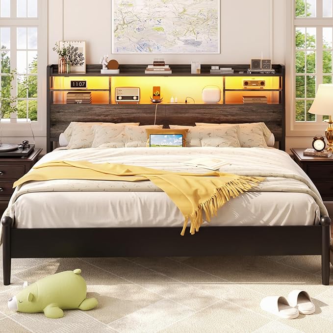 Aheaplus Headboard for Queen Size Bed with Storage, Headboards with LED Light, Power Outlets, USB Ports Queen Size Head Board, Wood headboard Only Sturdy and Stable Headboards, Modern, Black Oak