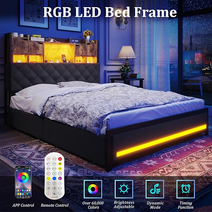 Queen Bed Frame with 4 Drawers and Hidden Storage Headboard,LED Bed Frame with Marshmallow Storage and Charging Station,Light up Queen Platform Bed,No Box Spring Needed, Easy Assembly,Vintage Brown