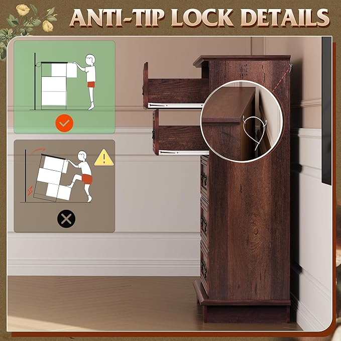 WLIVE Farmhouse Dresser for Bedroom, Tall Wood Dresser with 5 Drawer, Chest of Drawers with Roman Metal Handle for Living Room, Hallway, Closet, Brown