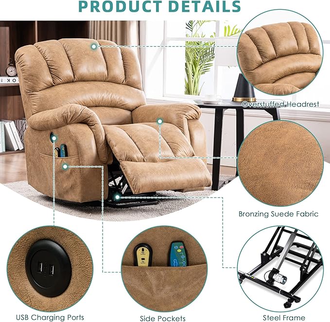 MEETWARM Large Power Lift Electric Recliner Chair, Overstuffed Wide Recliner with Massage and Heat for Elderly Big People, Heavy Duty Recliners with 2 Side Pockets, USB Ports, 2 Remote Controls(Sand)
