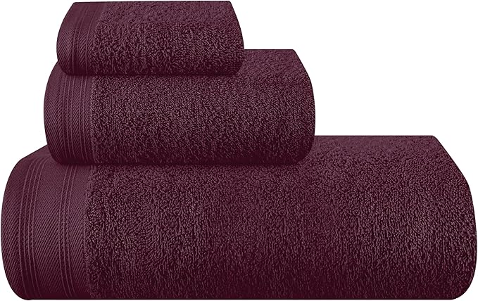Ultra Soft 3 Pack Cotton Towel Set, Contains a Bath Towels 28x55 inch, a Hand Towels 16x24 inch & a Wash Coths 12x12 inch, Ideal Everyday use, Compact & Lightweight - Burgundy, Medium