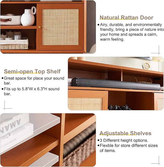 OKD TV Stand for 65+ Inch TV, 32'' Tall Highboy Entertainment Center, Mid Century Modern Media TV Console with Natural Rattan Door, Adjustable Shelves, Boho Television Stand, Cherry