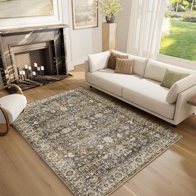 Washable Area Rugs 5'x7' Non-Slip Vintage Boho Distressed Fade Resistant Low Pile Carpet for High-Traffic Living Room, Bedroom & Dining Room
