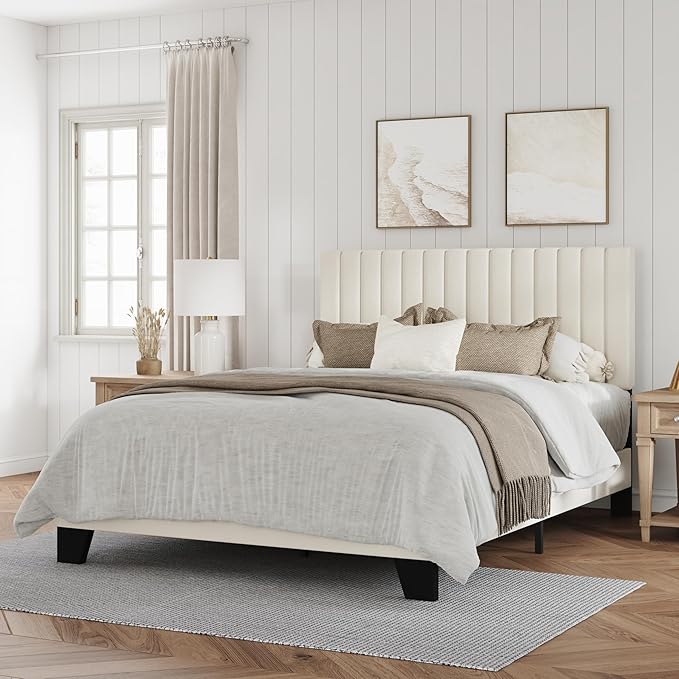 Full Size Bed Frame, Velvet Upholstered Platform Bed with Adjustable Tufted Headboard, Sturdy Frame and Slats, No Noiseless, No Box Spring Required, Easy Assembly, Beige