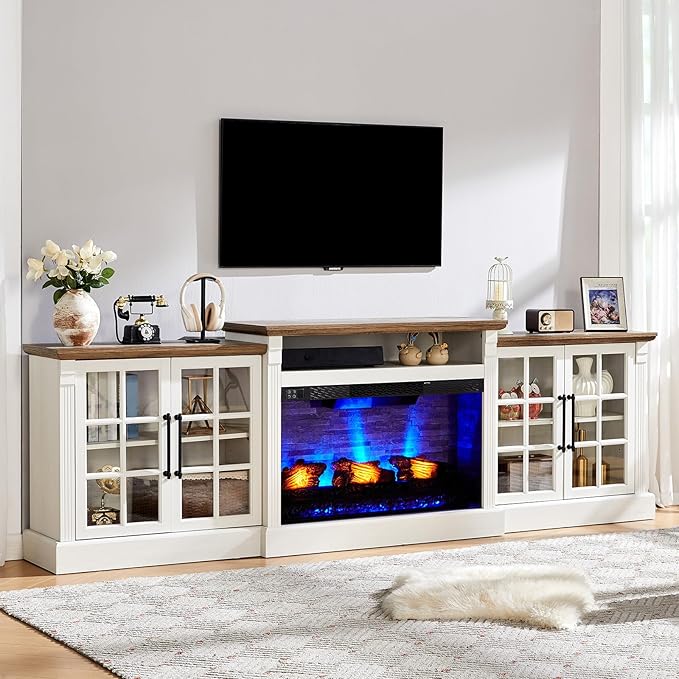 AMERLIFE 97" Farmhouse Fireplace TV Stand, Entertainment Center with Large Storage Space and Adjustable Shelf, Media Console for Living Room, White/Barnwood