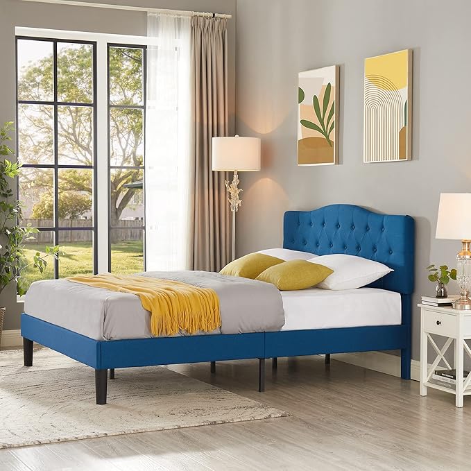VECELO Full Size Platform Bed Frame with Fabric Upholstered Headboard and Wooden Slats Support, No Box Spring Needed/Easy Assembly,Blue