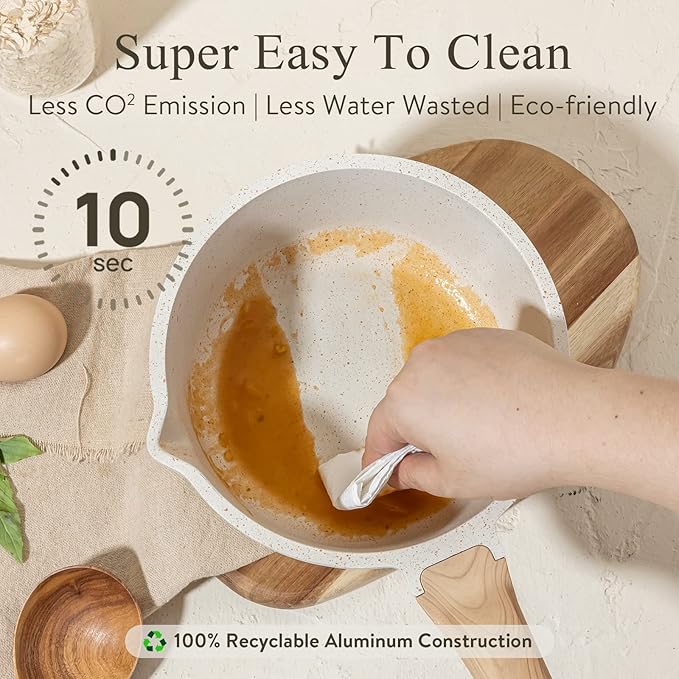 CAROTE 1.8Qt Sauce Pan Sets with Lid Cooking Pots Nonstick Saucepans Cookware Set with Pour Spout Small Kitchen Pot, Induction Comptable, Easy to Clean, PFOA FREE (White Granite)