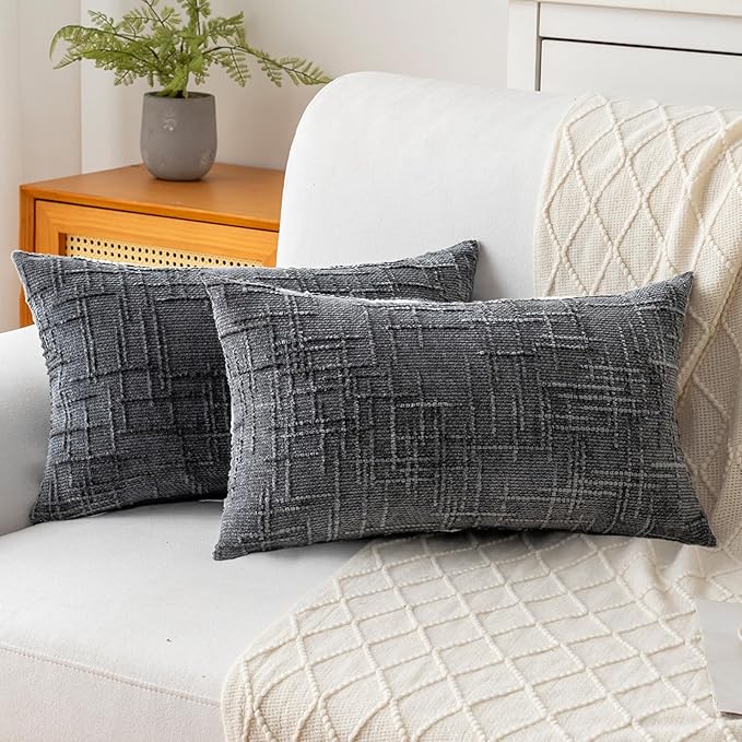 Decorative Throw Pillow Covers 12x20 Inch Set of 2, Soft Solid Farmhouse Chenille Couch Pillows, Spring Pillow Covers for Couch Sofa Bed Living Room Home Decor Pillowcase, Dark Gray