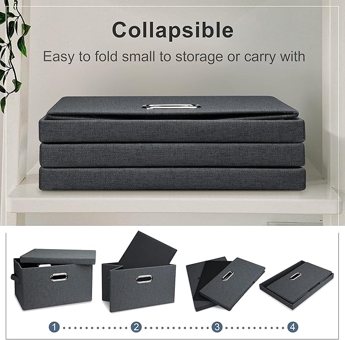 Medium 15" 21 Quart Collapsible Stackable Storage Bins with Lids, 3 Packs Dark Grey Foldable Fabric Closet Boxes Heavy-duty Linen Cube Baskets Container for Bedroom Office (15 x 11 x 8)