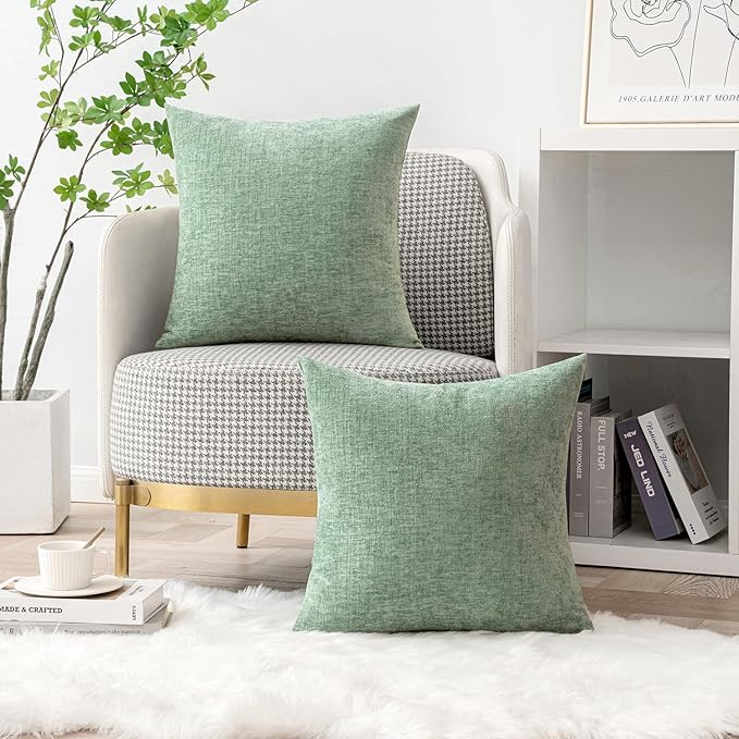 MIULEE Pack of 2 Couch Throw Pillow Covers 16x16 Inch Soft Greyish Green Chenille Pillow Covers for Sofa Living Room Solid Dyed Pillow Cases