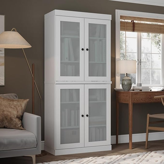 Palace Imports Solid Wood Bookcase - 6-Tier Floor Standing Bookshelf, 71.5" Tall Storage Shelf, 32” Wide - White, Frosted Glass Doors for Living Room, Renewable 100% Eco-Friendly Wood, Made in Brazil
