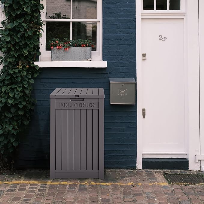 55 Gallon Coffee Resin Deck Box - Lockable, Rust-Resistant Outdoor Storage for Gardens & Patios - Waterproof Bench-Style Box with Handles