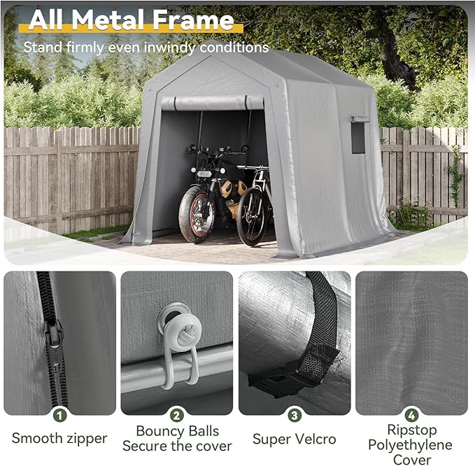 Aoxun 6x8x7 FT Outdoor Portable Storage Shed Tent with Roll-up Zipper Door and Window Portable Carport with Waterproof Tarp Galvanized Steel for Motorcycle, Generator, Bike Storage (Gray)