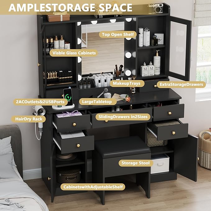 Makeup Vanity Desk with Mirror & LED Lights, Storage Drawers, Charging Station, Cabinets & Stool, Large Dressing Table with RGB Ambient Lighting for Bedroom & Vanity Room