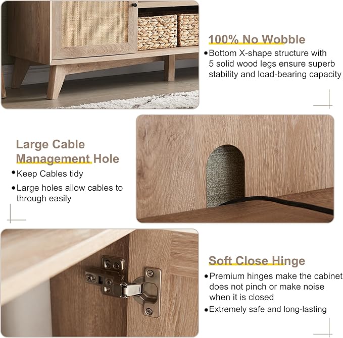 T4TREAM Rattan TV Stand for 75 Inch TV - Mid Century Modern Entertainment Center for Living Room, Large Boho Media TV Console with Storage Shelves, Oak