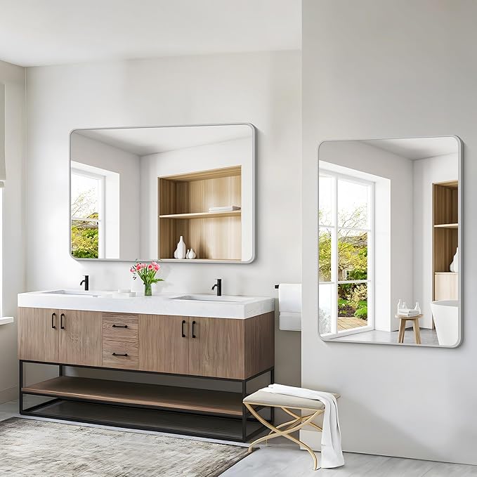 48x36 Inch Silver Bathroom Mirror, Large Rectangular Vanity Mirror, Metal Framed Rectangle Mirrors, Rounded Corner Wall Mounted Mirrors for Living Room Bedroom Entryway Horizontal or Vertical