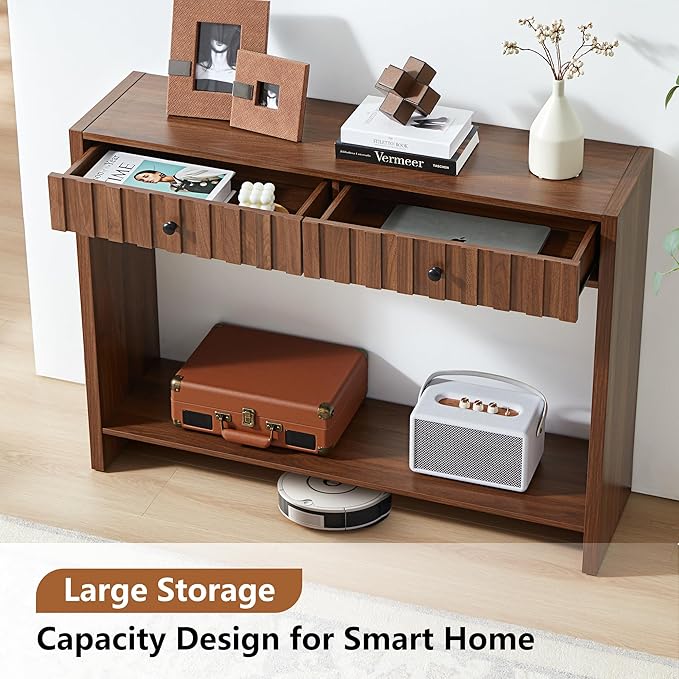 Console Table with Drawers, Narrow Mid-Century Fluted Entryway Table Sofa Table with Storage Shelf, Wood Entry Table Accent Behind Couch Table for Entrance, Hallway, Living Room (Walnut)