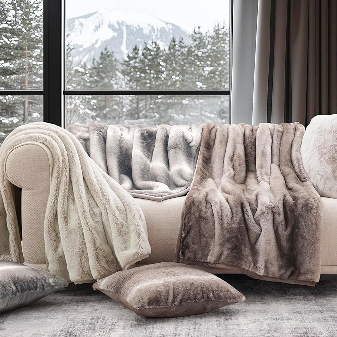 Ultra Soft Luxury Fluffy Mink Faux Fur Throw Blanket, Thick Warm Fall Winter Blankets for Bed, Couch, Cozy Plush Reversible Blanket for Chair, Sofa (Tipped Champagne Ivory, 60"x80")