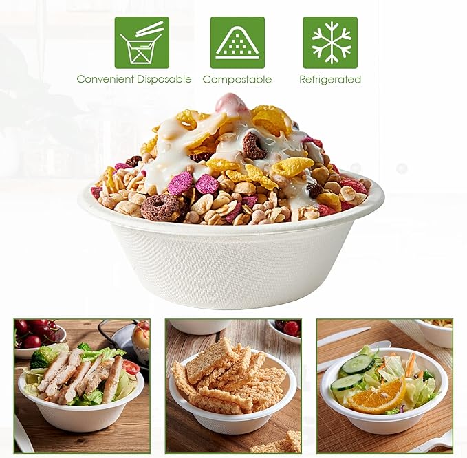 Vplus 500 Pack 12 OZ Paper Bowls Bulk, Disposable Compostable, Eco-friendly Bagasse, Heavy-duty Bowls Perfect for Milk Cereals, Snacks, Salads