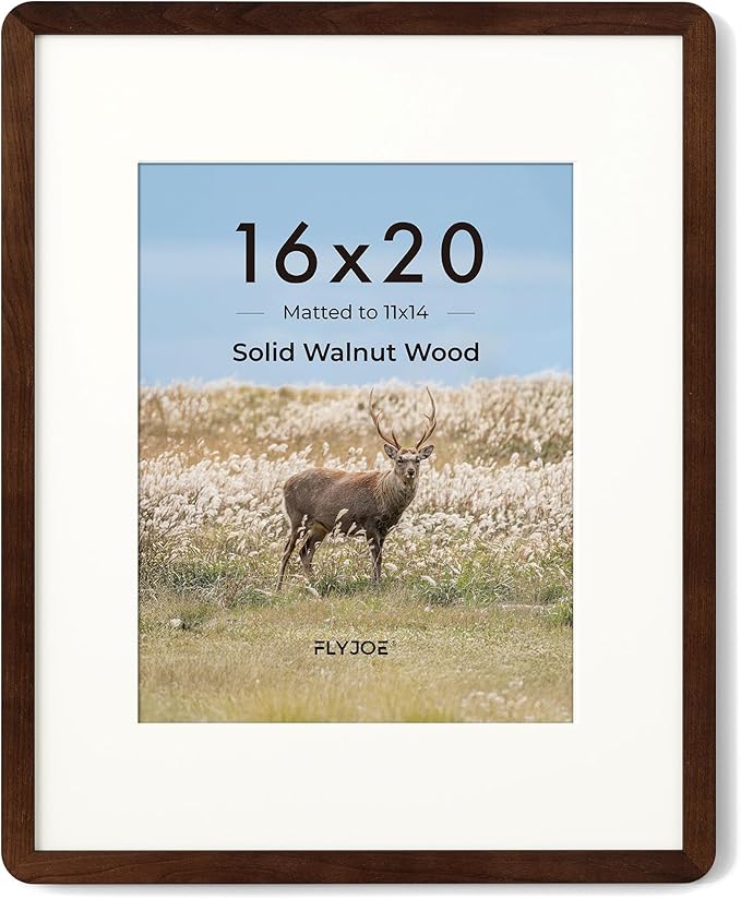 16 x 20 Picture Frame - Solid Walnut Wood 16''x20'' Poster Frame, 16 x 20 Picture Frame With Mat For 11x14, Tempered Glass and Hanging Hardware Included, 20 x 16 Frame Wood, Natural Walnut