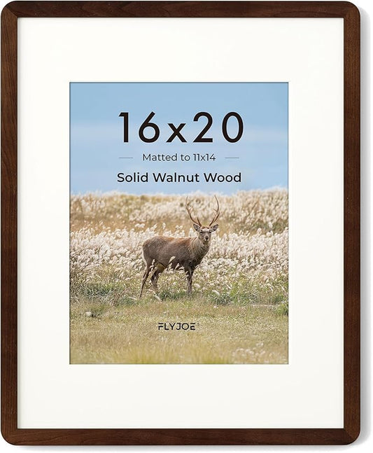 16 x 20 Picture Frame - Solid Walnut Wood 16''x20'' Poster Frame, 16 x 20 Picture Frame With Mat For 11x14, Tempered Glass and Hanging Hardware Included, 20 x 16 Frame Wood, Natural Walnut