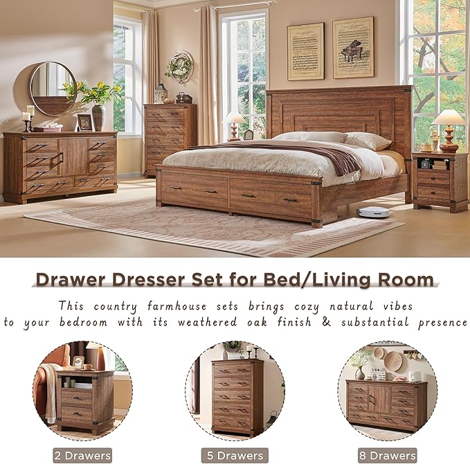 RedLemon Farmhouse 6 Drawers Dresser for Bedroom, Wood Large Chest of Drawers with Thick Plank Styling for Bedroom, Living Room, Reclaimed Barnwood