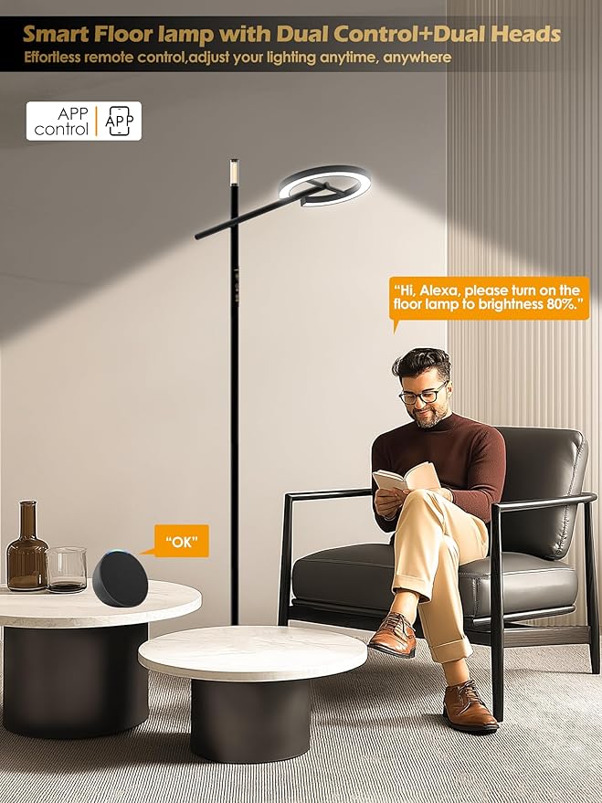 Smart Floor Lamp with APP, Therapy light floor lamp 10000 Lux,Sunlight lamp Stepless Dimmable 2700-6500K,LED UV-Free light therapy,Circadian Rhythm,Timer, Floor Lamp for Living Room Bedroom Office(H1)