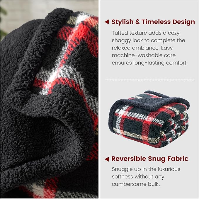 Cozy Bliss Ultra Soft Reversible Double Sherpa Sided Blanket, Buffalo Plaid Throw Blanket Fluffy Thick Warm Plush Fuzzy Blanket for Couch, Bed and Gifts (Scotland Plaid Red, 50" x 60")