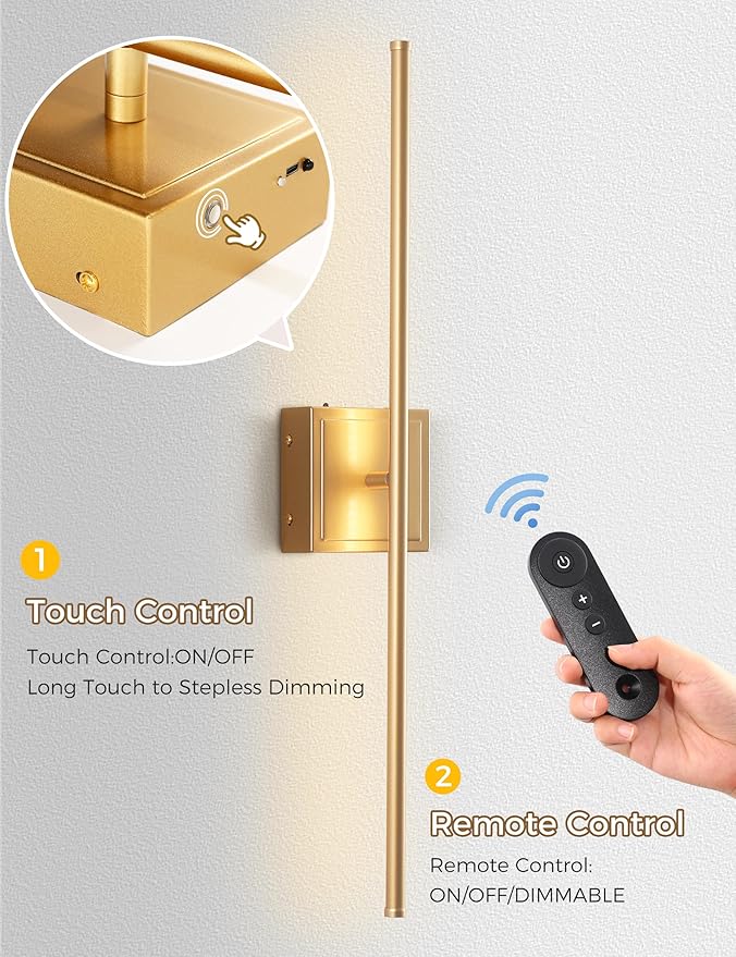 DORESshop Battery Operated Wall Sconces Set of Two with Remote Control, Rechargeable Wall Sconce, 350°Rotate Dimmable Wireless Wall Sconce for Living Room, Hallway, Bedroom, 28.1 Inch, Gold(2 Pack)