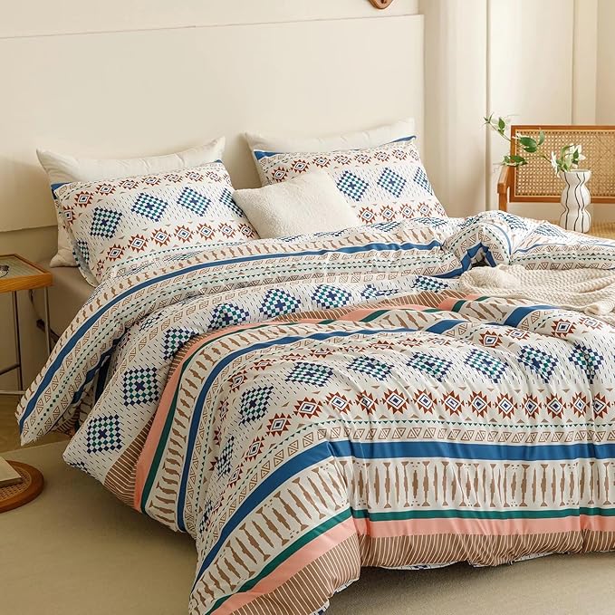 Luxlovery Aztec Comforter Set Full Beige Purple Geometric Bedding Set Folkloric Brown Farmhouse Tribal Ethnic Blanket Quilts Western Navajo 3pcs Comforter Set Full Size