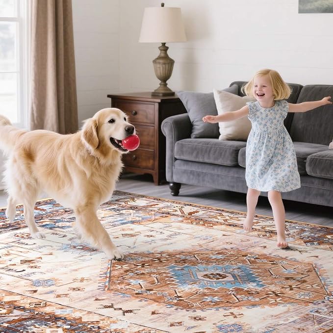 Large Washable 6x9 Area Rug, Orange Vintage Floral Rugs for Living Room, Non Slip Low Pile Carpet for Bedroom Dining Room, Thin Indoor Carpet for Office Classroom