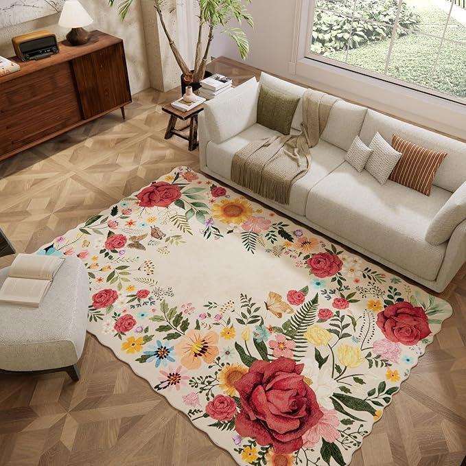 Floral Washable 6'x9' Area Rugs for Bedroom, Soft Lightweight Rug for Living Room Non Slip Dining Room Beige Rug, Stain Resistant Boho Vintahe Easy Clean Throw Carpet for Office