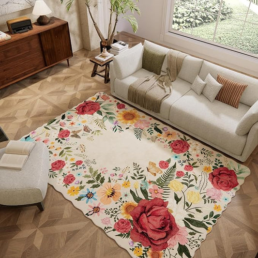 Floral Washable 6'x9' Area Rugs for Bedroom, Soft Lightweight Rug for Living Room Non Slip Dining Room Beige Rug, Stain Resistant Boho Vintahe Easy Clean Throw Carpet for Office