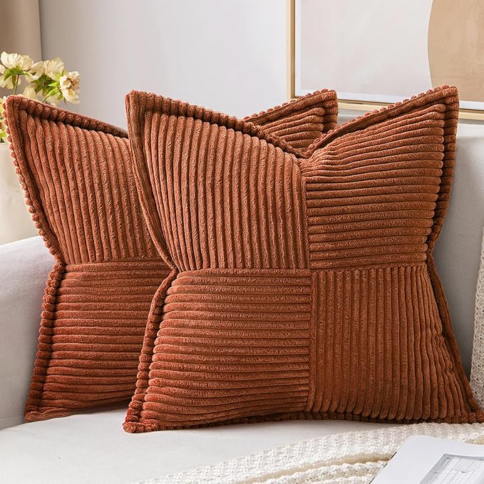 MIULEE Dark Rust Fall Decorative Throw Pillow Covers for Couch Bed Livingroom 20x20 Inch Set of 2 Boho Accent Throw Pllows Broadside Striped Patchwork Soft Corduroy Pillowcases
