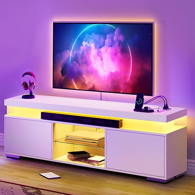 YITAHOME White TV Stands for Living Room, TV Stand for 65 inch TV, Entertainment Center with Storage,Modern TV Stand with Power Outlets & LED Light, TV Console Cabinet, White