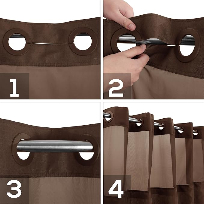 No Hook Slub Textured Shower Curtain with Snap-in PEVA Liner Set - 71" x 74"(72"), Hotel Style with See Through Top Window, Machine Washable & Water Repellent, Chocolate Brown, 71x74