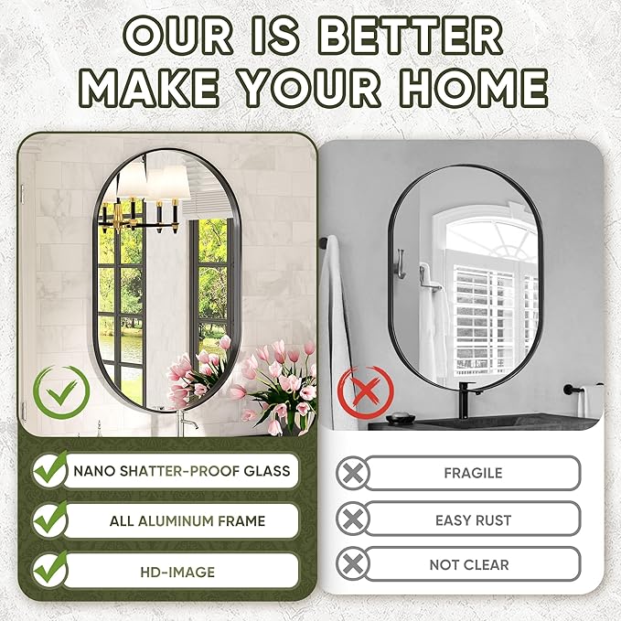 Suidia 26" x 38" Bathroom Mirror, Bathroom Vanity Mirror Metal Framed, Wall-Mounted Mirrors for Bedroom, Living Room, Entryway, Hallway, Black, Oval Style