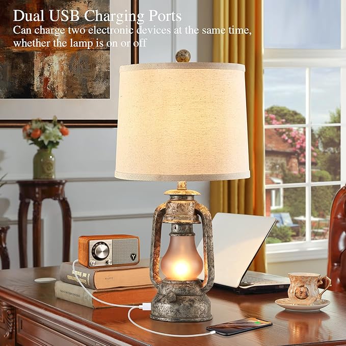 RORIANO Farmhouse Rustic Table Lamps for Living Room Set of 2, Vintage Lantern Table Lamp with Dual USB Ports, Retro Nightstand Lamp for Bedroom Bedside, 4 Bulbs Included (Iron Gray)