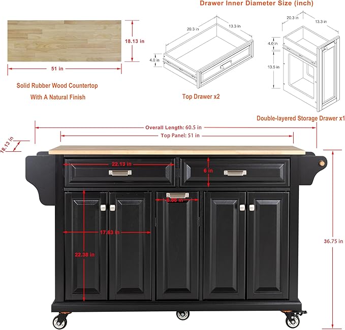 Cambridge Mobile Kitchen Island on Wheels with Storage and Wood top, Rolling Island with Spice Rack and Towel Holder, L60.5 x W18.13 x H36.75IN Island Table for Kitchen, (Black)