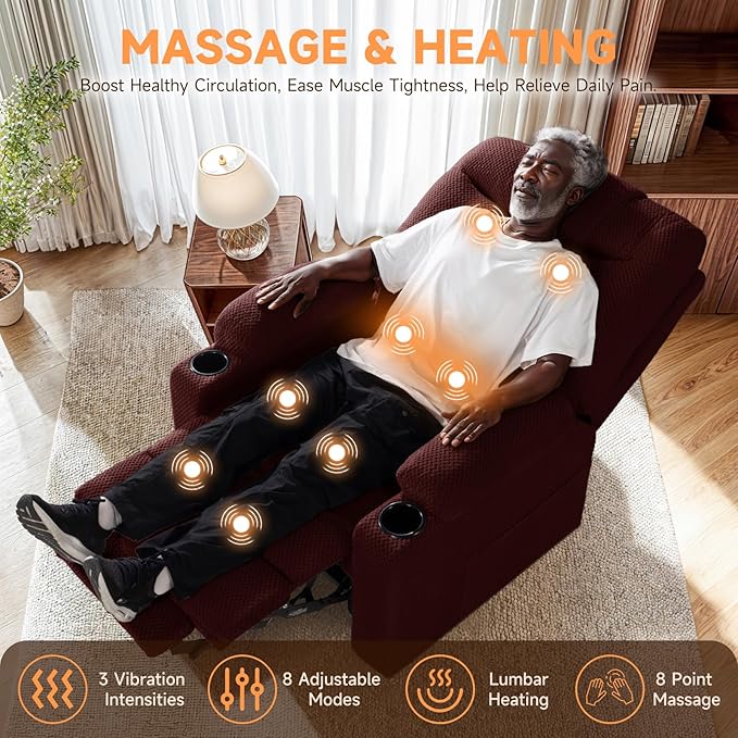 Triple Motor Large-Wide Power Lift Recliner Chair with Power Headrest for Big and Tall Elderly, Infinite Position, Massage Heat, Extend Footrest, USB, Cup Holder, Plush Flannel Red