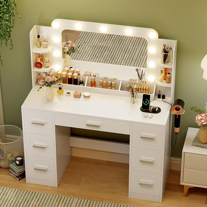 JUMMICO Makeup Vanity Desk with Large Mirror and Lights, Vanity with Power Strip and Hairdryer Holder, 6 Open Shelves and 7 Drawers Modern Dressing Table, for Bedroom (White)