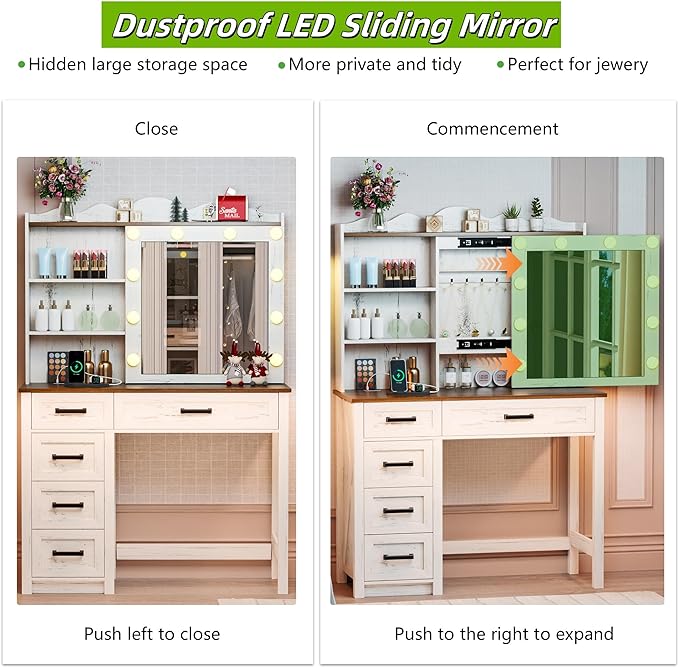 Makeup Vanity, Farmhouse Vanity with Sliding Mirror & 3 Levels of Open Storage Shelves, 35'' Intelligent Makeup Desk with Multi-Functional Charging Station & Hidden Storage for Bedroom, White