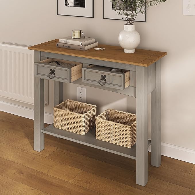 Solid Wood Hall Table Console 34.49" W, 12.64" D, 28.82" H - Farmhouse Entryway Table with 2 Drawers, Office Hallway Foyer, Wooden Storage, Cupboard Console Table